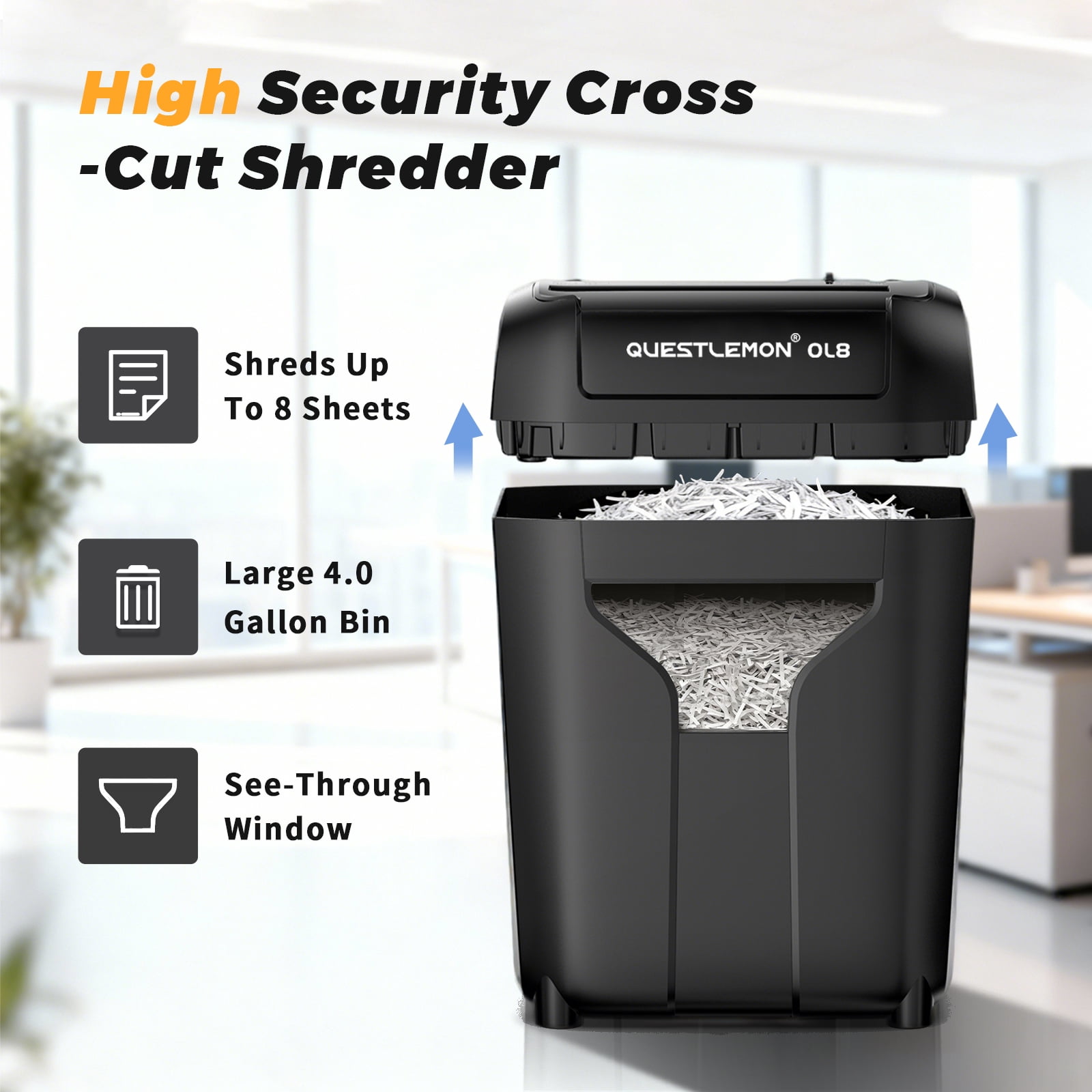 QUESTLEMON 8-Sheet Cross Cut Paper Shredder and Credit Card Shredder with 4Gal Bin for Home Use