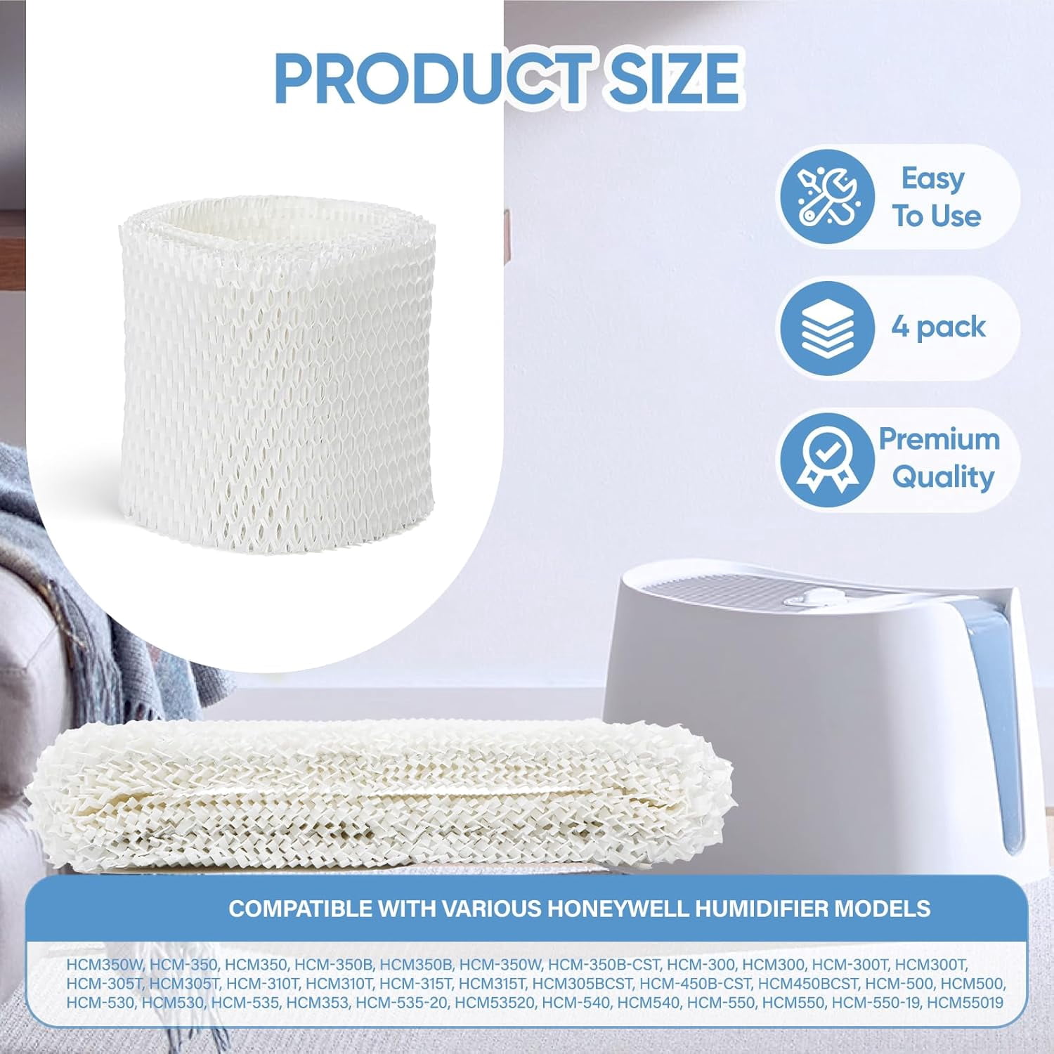 JJEAN-4 Pack HAC-504 Humidifier Wicking Filter Compatible with Honeywell HCM-350,HCM-300T, HCM-600, HCM-710, HCM-315T,HAC-504 and HAC-504AW Cool Mist Humidifiers, Replacement Filter A
