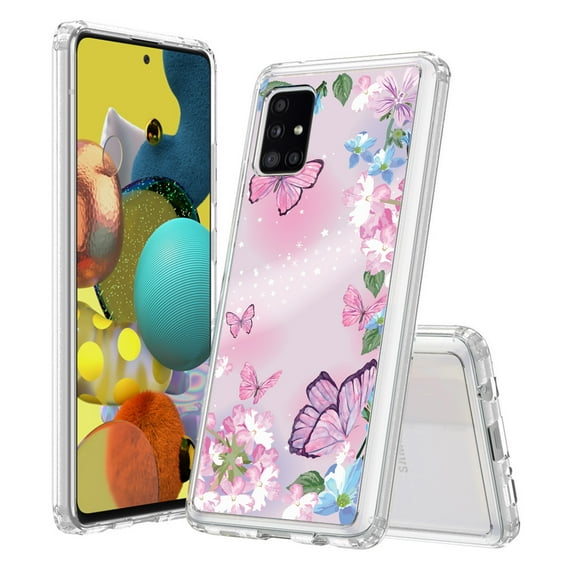 Beyond Cell compatible with Samsung Galaxy A51 5G Case, Transparent Clear Shock Absorption Cushion Bumper Corner Soft TPU   PC Cover Pink Butterflies