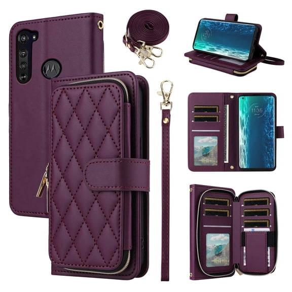 Furiet Argyle Wallet Case for Motorola Moto Edge 5G 2020 with Wrist Strap Shoulder Strap, Card Slots Zipper Purse Luxury PU Leather Stand Checkered Phone Cover for MotoEdge G5 Women Girls Deep Purple