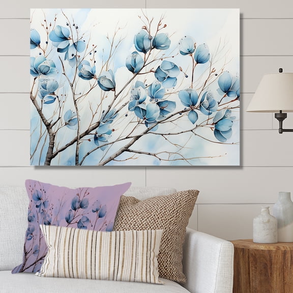 Designart "Blue And Grey Leaves In A Blossoming Scene I" Leaves Canvas Wall Art