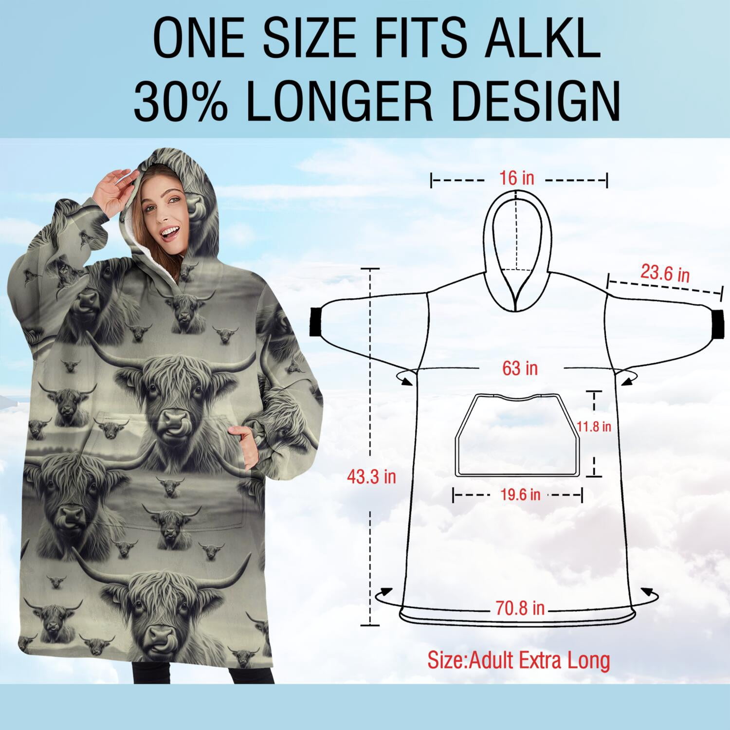 Oversized Wearable Blanket Hoodie,Gray Highland Cow Layer Pattern Sherpa Blanket Hoodie with Super Pockets,Super Warm Fuzzy Pullover for Women & Men