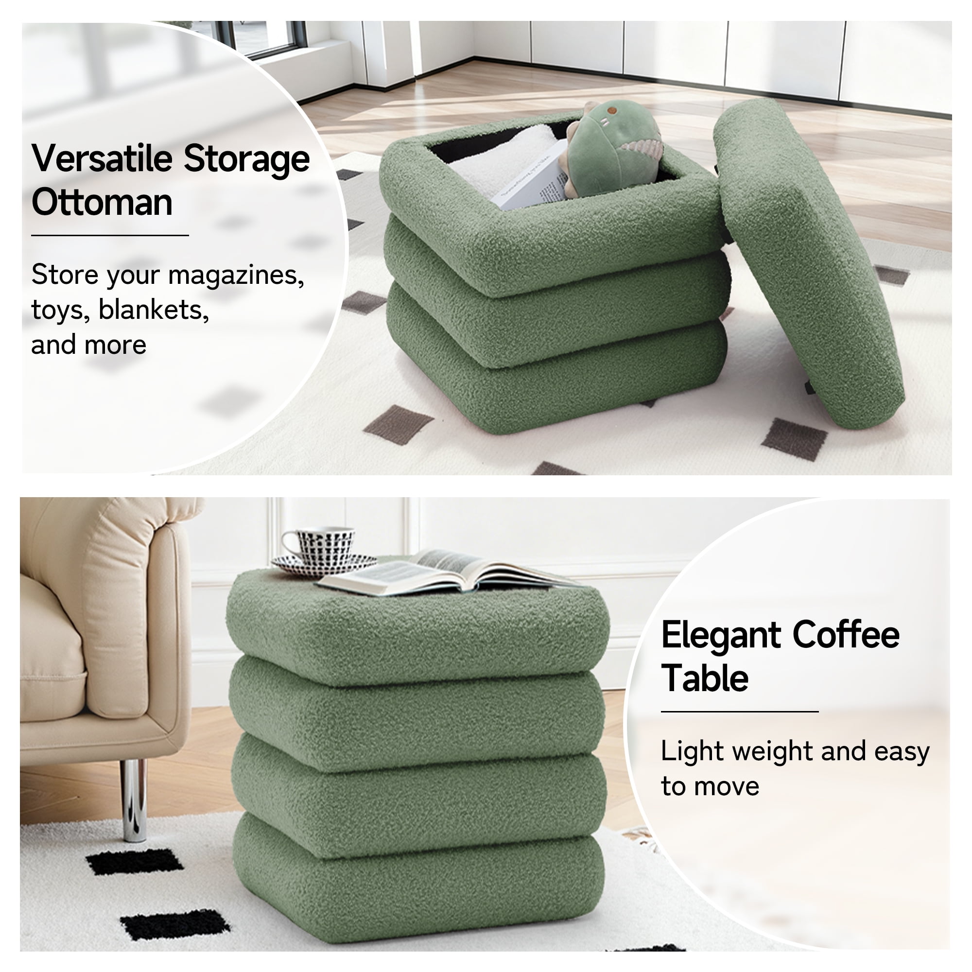 Korser Square Ottoman with Storage Set of 2,Upholstered Teddy Vanity Stool for Living Room,Bedroom,Green