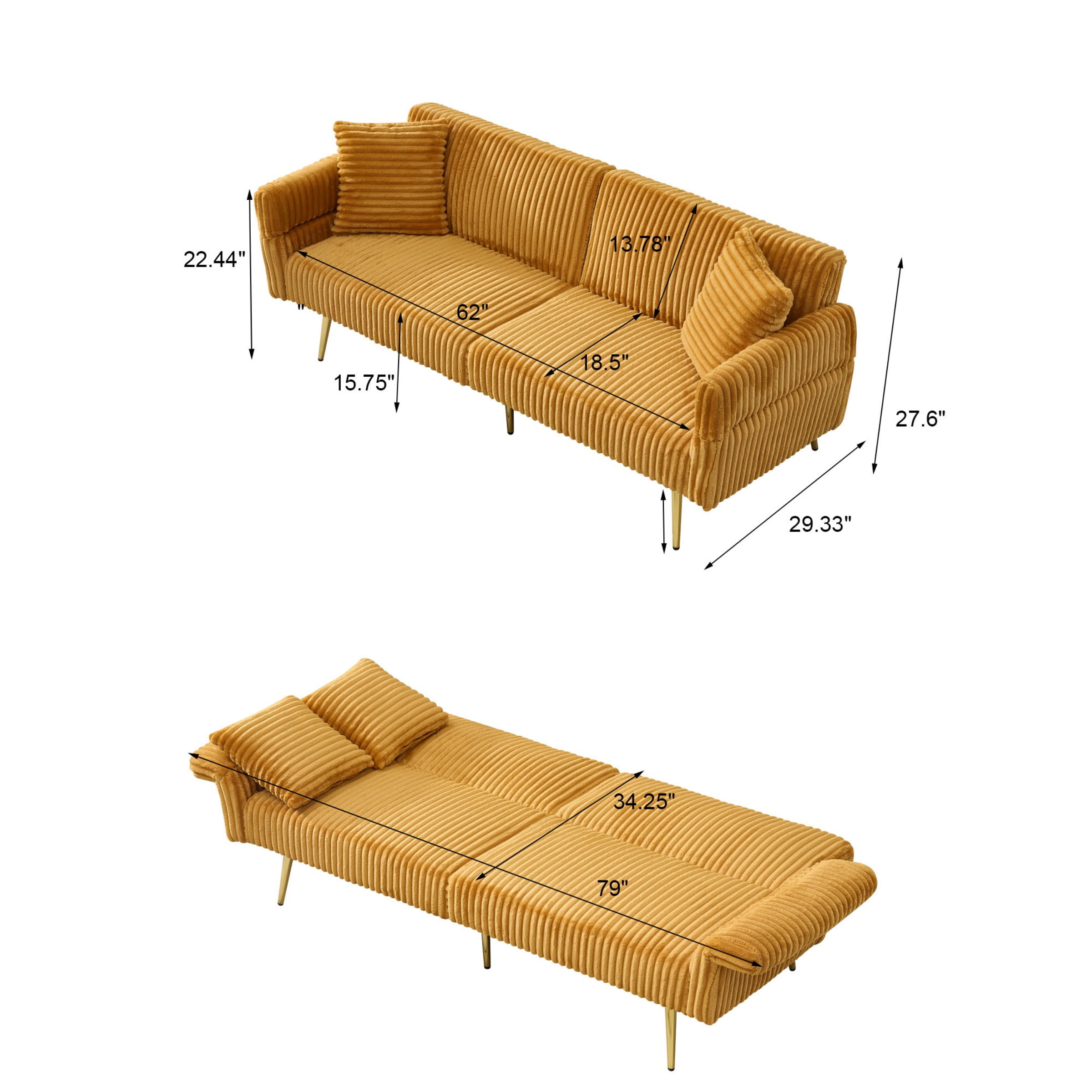 Jopath 79 inch Modern Convertible Sofa Bed,Corduroy Upholstered Futon Couch with Adjustable Armrests for Small Spaces,Living Room,Yellow02