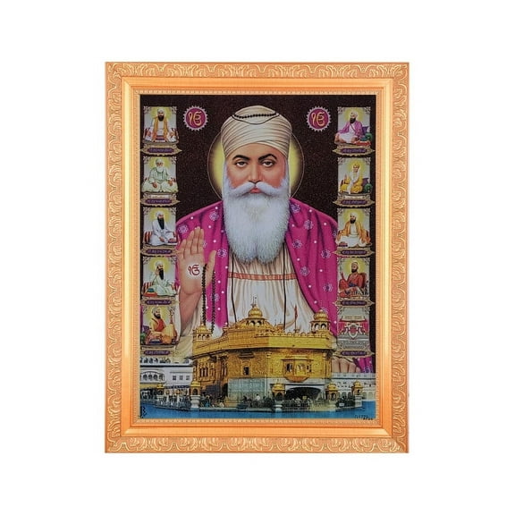 Bm Traders Sikh Gurus With Golden Temple Beautiful Print Photo In ArtWork Golden Frame (11 x 14 Inch)OR(27.94 X 35.56 Cm) Religious Gifting