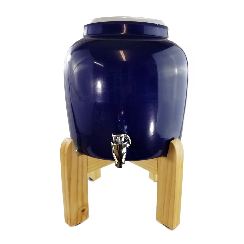 Premium Solid Blue Porcelain Water Crock Dispenser & Wood Counter Stand