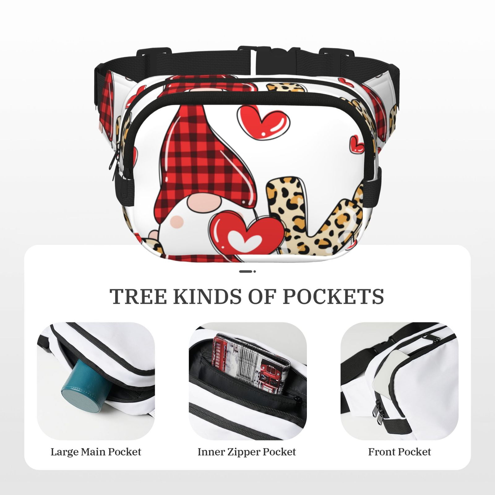 Kdxio Love Gnomes Crossbody Double Layer Waist Bag Belt Bag for Unisex Fanny Pack Fashion Waist Packs for Hiking Running Shopping Traveling