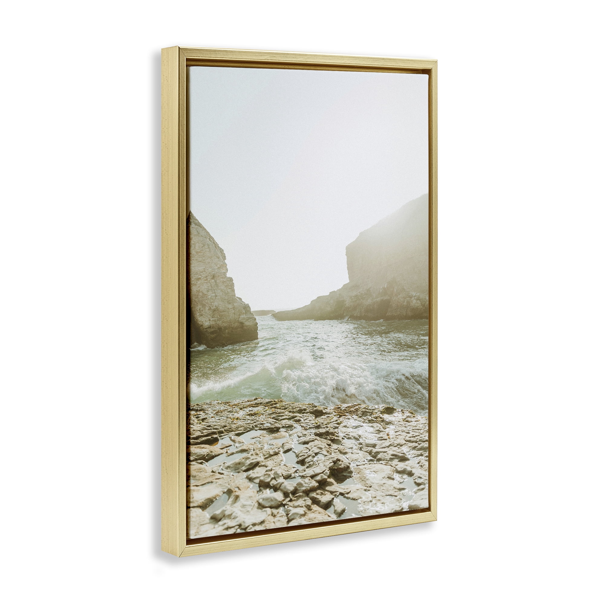 Stupell Industries Rocky Beach Cove Landscape Photography Gold Floater Framed Canvas Art Print Wall Art, 17 x 25