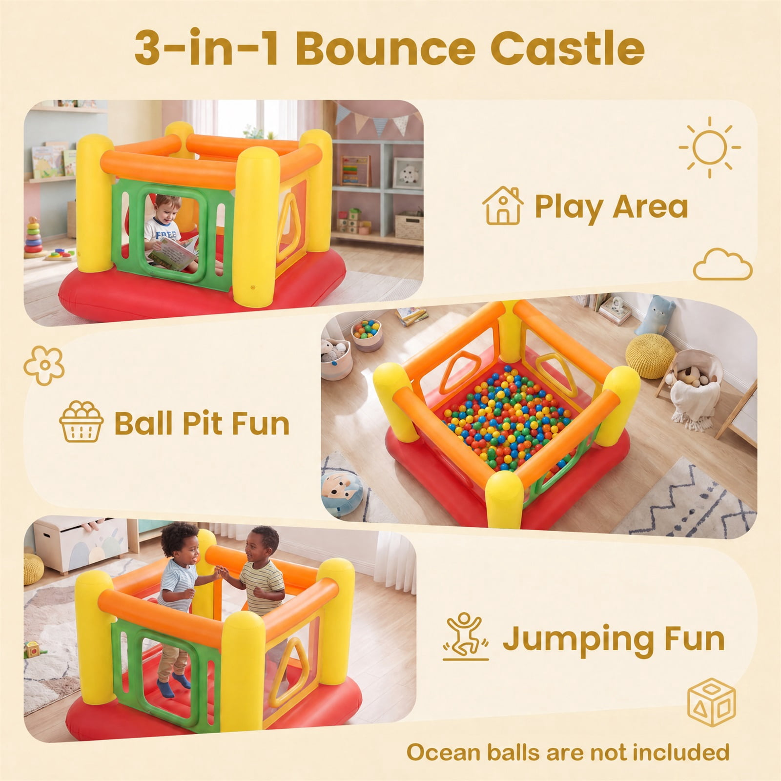 Costway Inflatable Bounce House for Kids, Blow Up Jumping House with Transparent Side Walls Red + Yellow + Orange