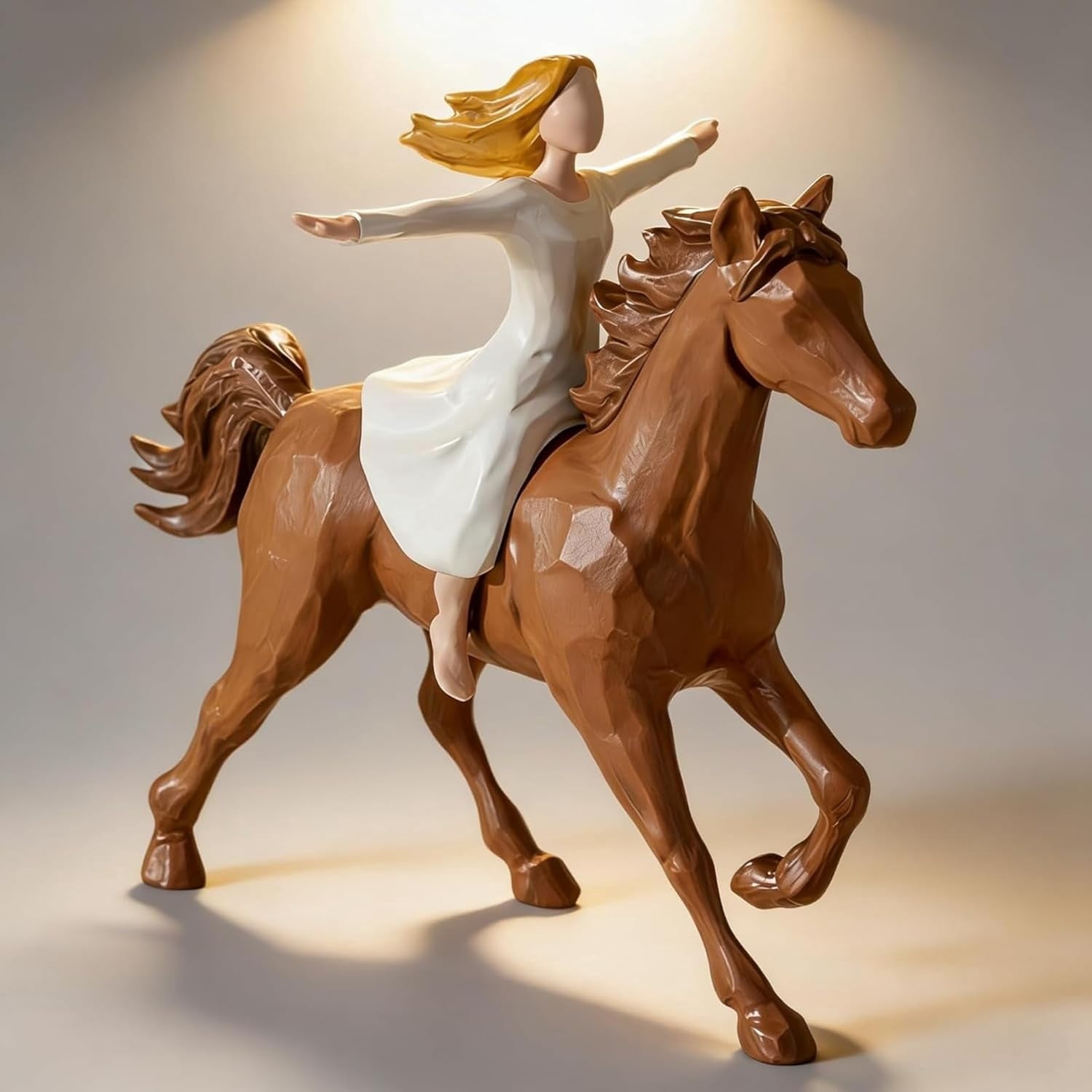 Handmade Resin Girl Riding Horse Figurine, Durable Equestrian Statue Home Decor for Girls & Horse Lovers, Tabletop Memorial Birthday Gift (1 Piece Cream)