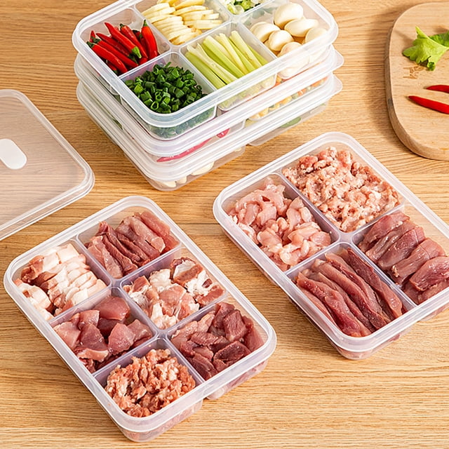 Clear Plastic Food Storage Container with Divider - Refrigerator Organizer for Fruits, Vegetables, Meat, Ginger & Garlic