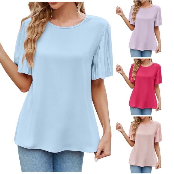 PADFRYBK Summer T-Shirt For Women Casual Solid Color Tops Short Sleeve Pullover Crew Neck Folding Sleeve Loose Casual Tunic Blouses