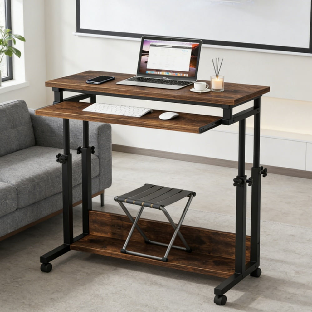 Height Adjustable Rolling Standing Desk Mobile Sit to Stand Laptop Desk with Hideaway Keyboard Tray Lockable Wheels for Home Office Bedroom Small Space