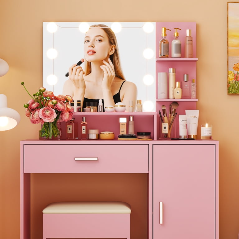 Ktaxon Vanity Set, Makeup Table with 3-Color Light Mirror, Storage Shelves  and Drawers, Pink - Walmart.com