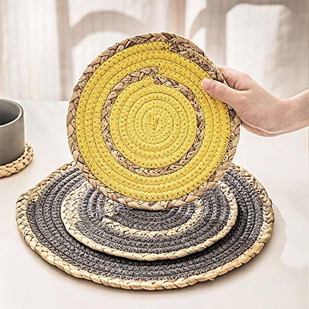 Fennco Styles Hand-Woven Rattan Cotton Rope Placemats 12-Inch Round, Set of 4 - Slate Braided Table Mats Heat Resistant Insulation for Home, Boho Décor, Dining Table, Banquets, Special Events