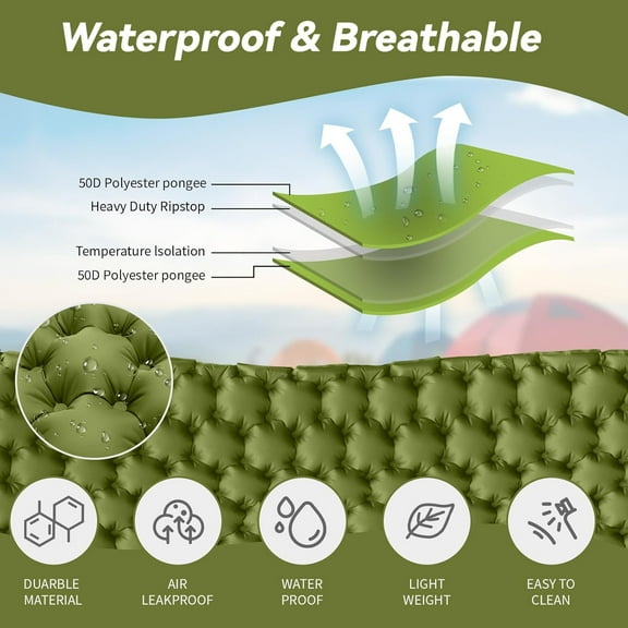 Double Sleeping Pad - Self Inflating 4" Extra-Thick for 2 Person with Pillow Built-in Foot Pump Inflatable Sleeping Mat for Backpacking, Hiking, Traveling, Tent, Portable Camping Mat