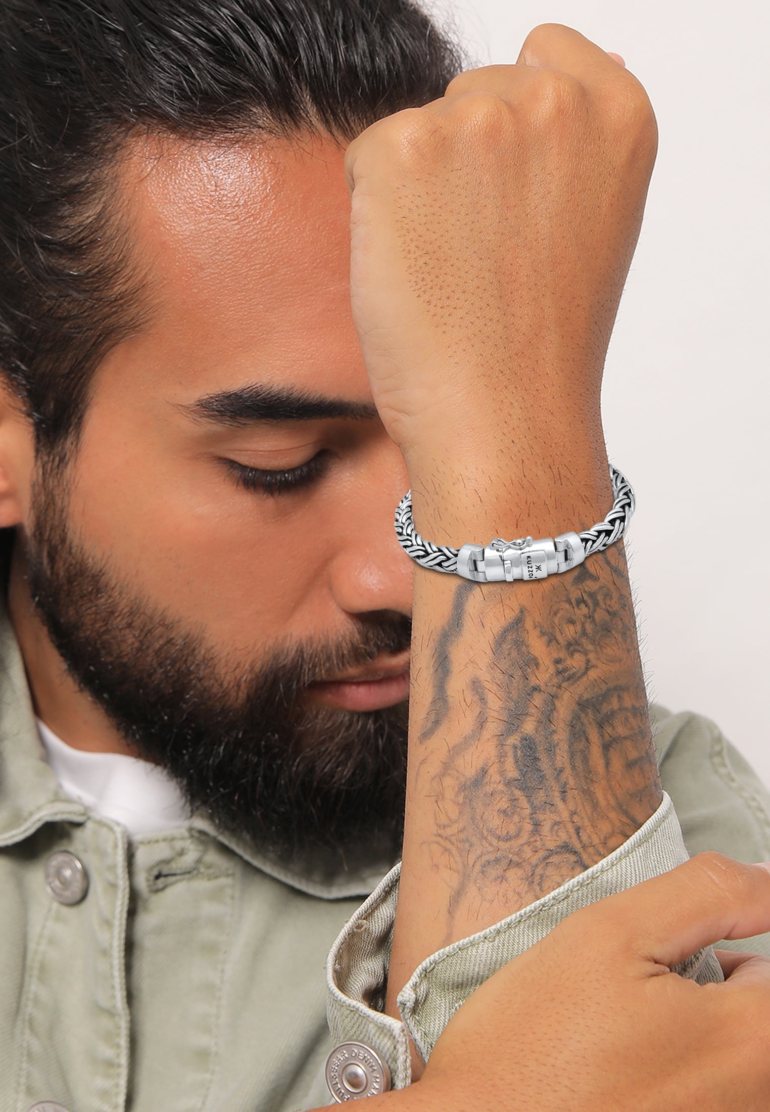 KUZZOI Men's 925 Sterling Silver Braided Chain Bracelet with