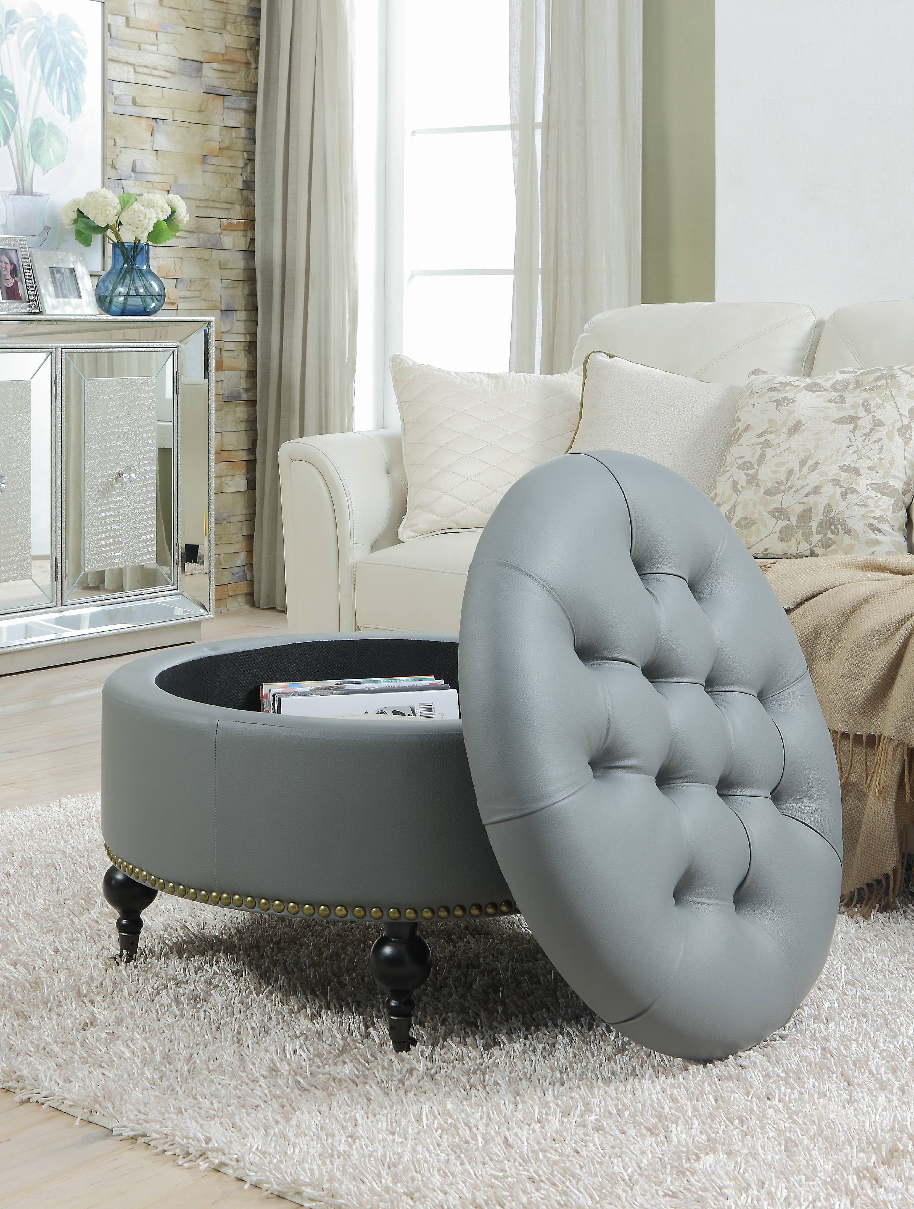 Design Guild Ottoman Beautiful Round Footrest W Soft, Faux Leather Cover,  Thick Padded Cushion, Decorative Gold Base With Storage, Blue＿並行輸入 クッションカバー 