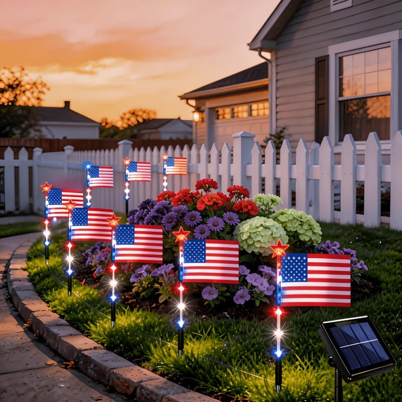 8 Pack Solar  Flag Lights Outdoor, Solar  Flag Pathway Lights with 8 Modes, Patriotic Red White Blue Waterproof LED Stake Lights for Yard Garden