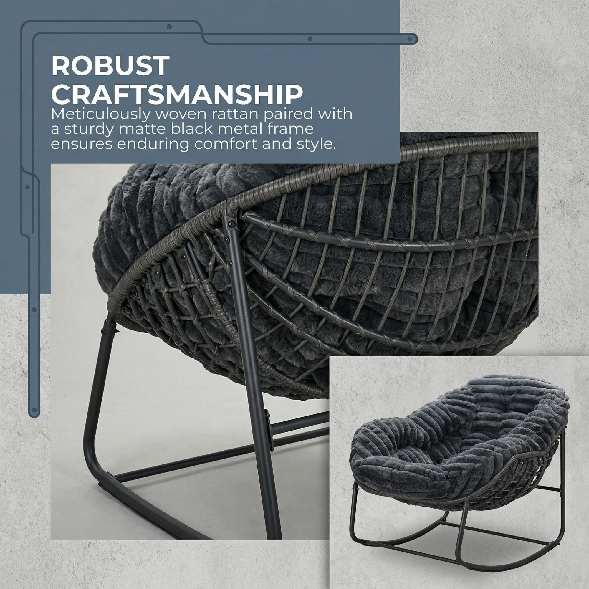 Outdoor Papasan Rocking Chair, Oversized Egg Chair with Cushion, Wicker Rattan Patio Rocker, Indoor Outdoor Lounge Chair for Porch Garden Living Room, Dark Gray