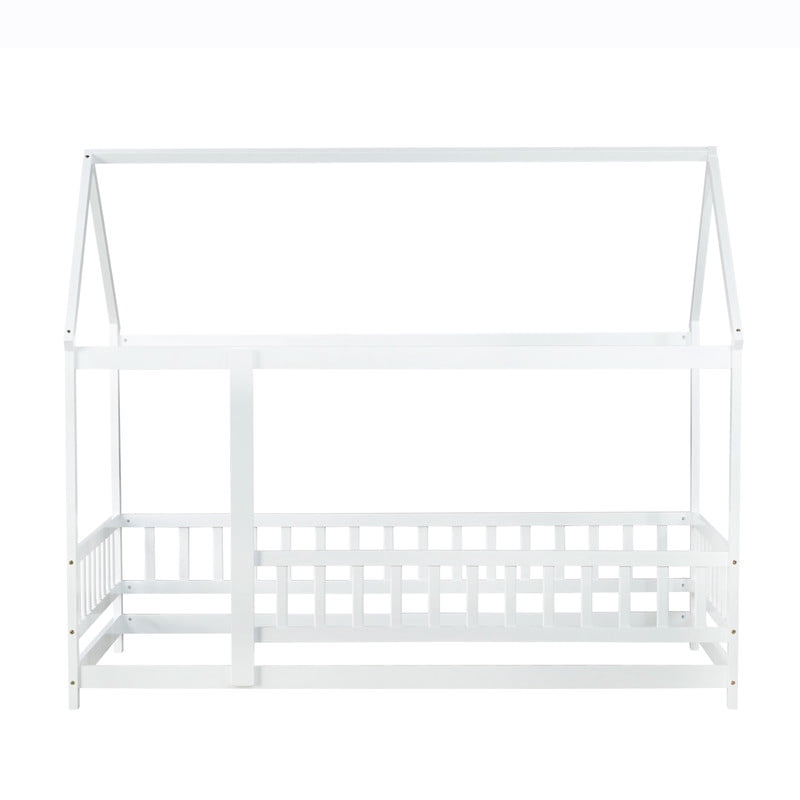 Bellemave Twin Floor Bed, Wood Twin Size House Bed Frame with Fence, Montessori Floor Bed for Bedroom (White)