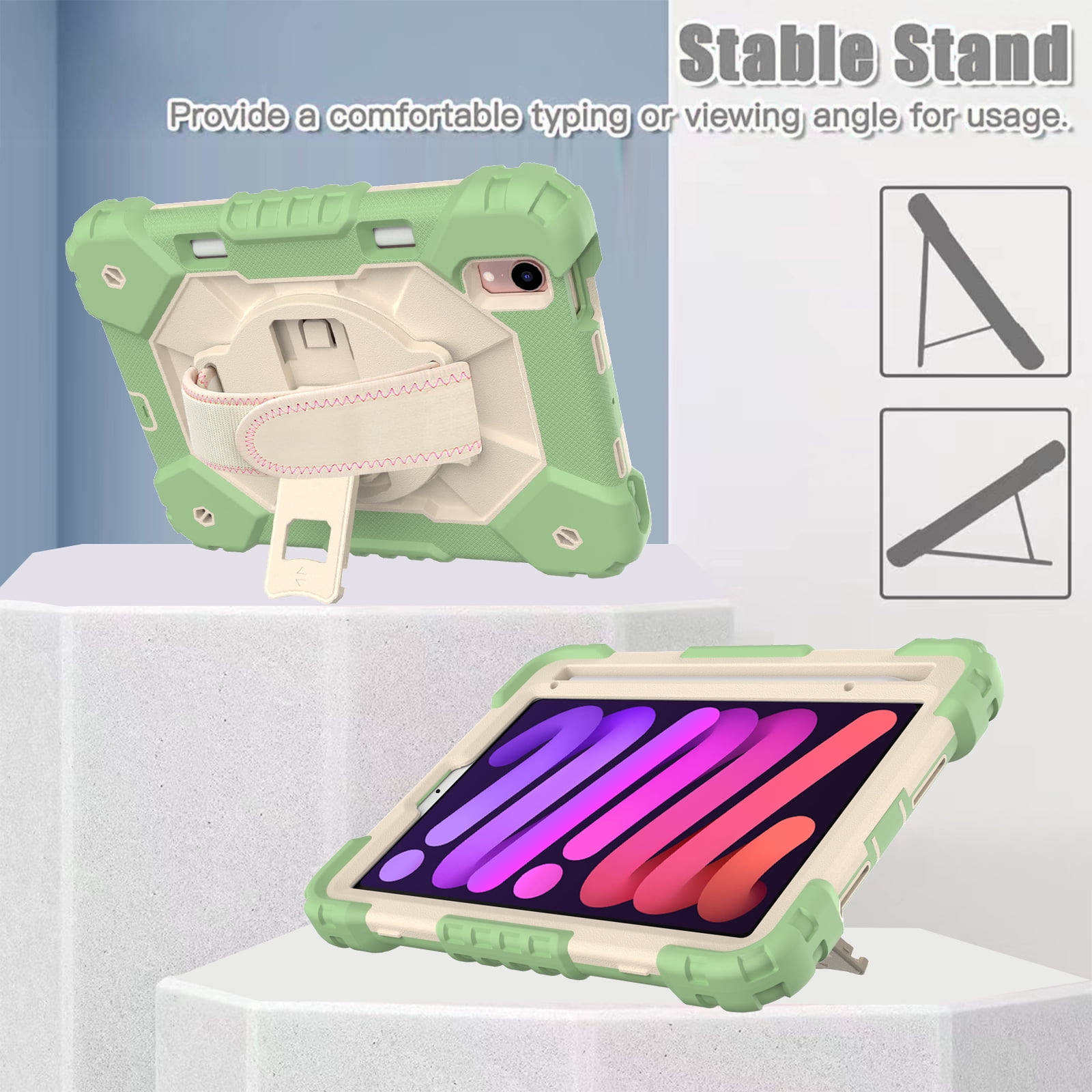 Case for iPad Mini 6 2021 8.3-inch, Kids Shockproof Rugged Hybrid 360 Rotating Stand Cover with Hand Shoulder Strap/Pencil Holder