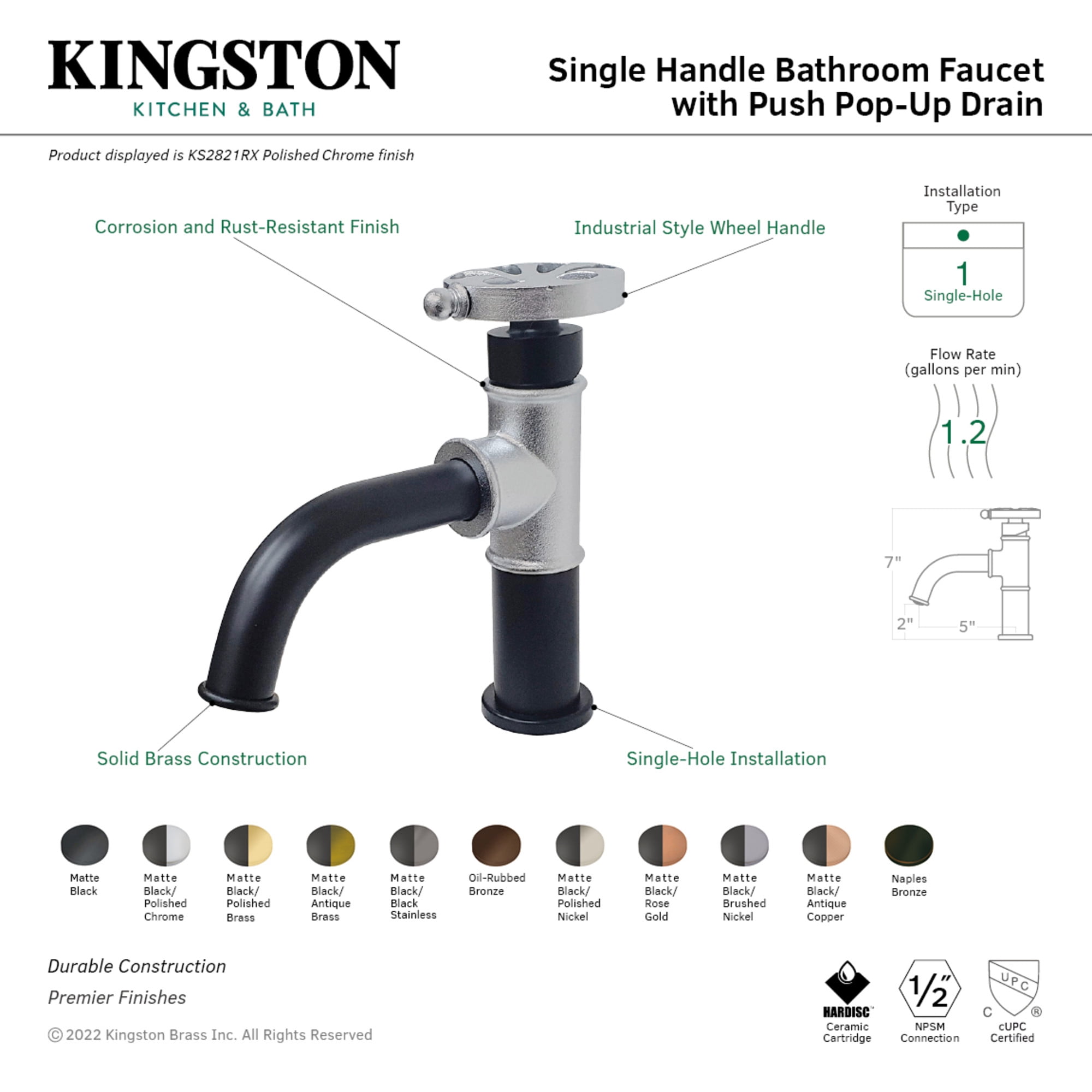 Kingston Brass KS2820RX Belknap One-Handle Single-Hole Bathroom Faucet with Push Pop-Up Drain, Matte Black