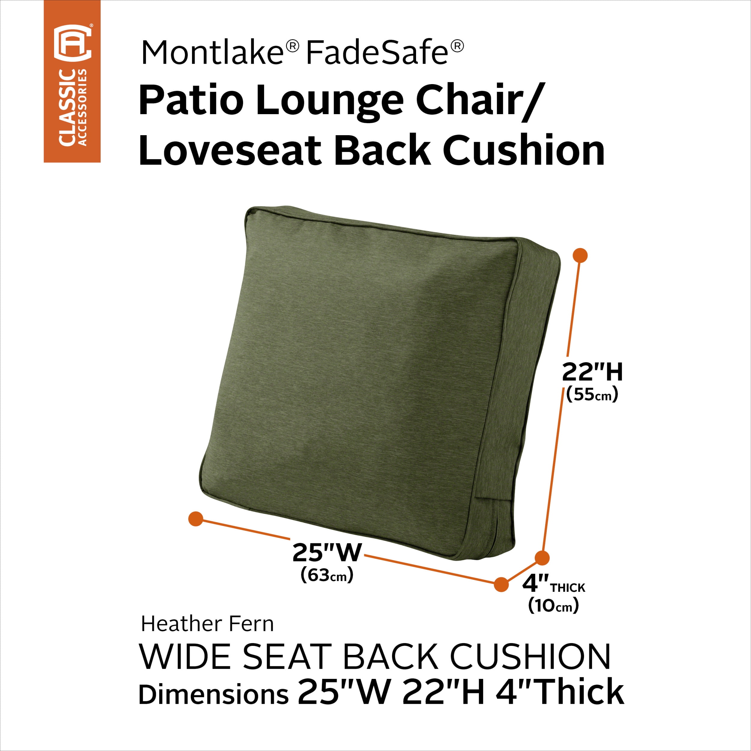 Classic Accessories 25 x 22 x 4 in. Montlake Outdoor Lounge Chair with Loveseat Back Cushion, Heather Fern