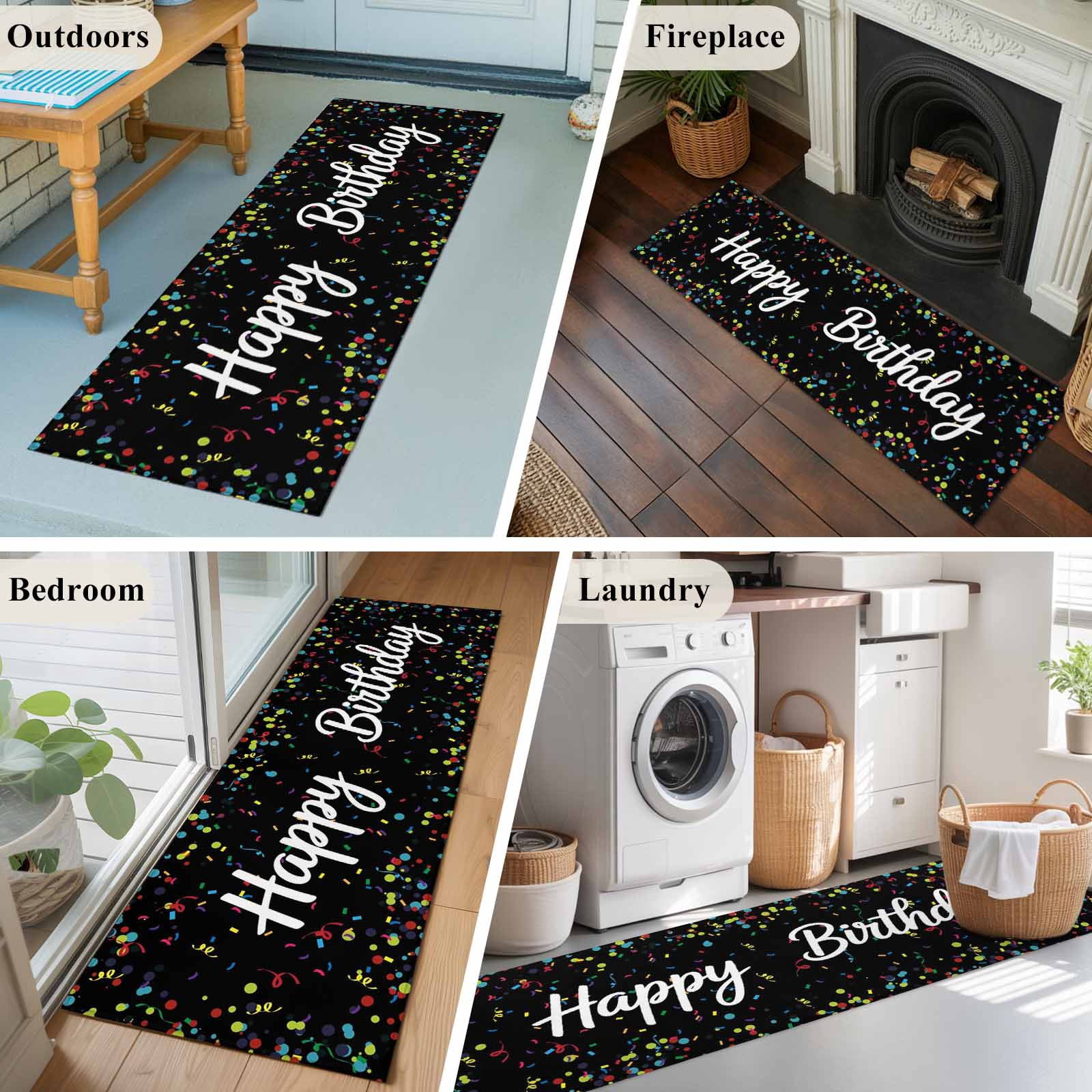 Black Birthday Large Area Rugs for Bedroom Living Room, Soft Non Slip Carpet Bedside Rug, Colorful Confetti Ribbons Polka Dots Classroom Rectangular Floor Cover Kitchen Accent Rug 2'x6' for Office