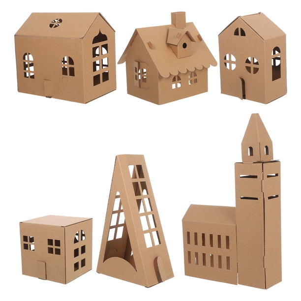 6 casas de cartón para niños: Construcción de cabañas en miniatura con cartón - Modelo de cabaña de papel para manualidades y colorear.