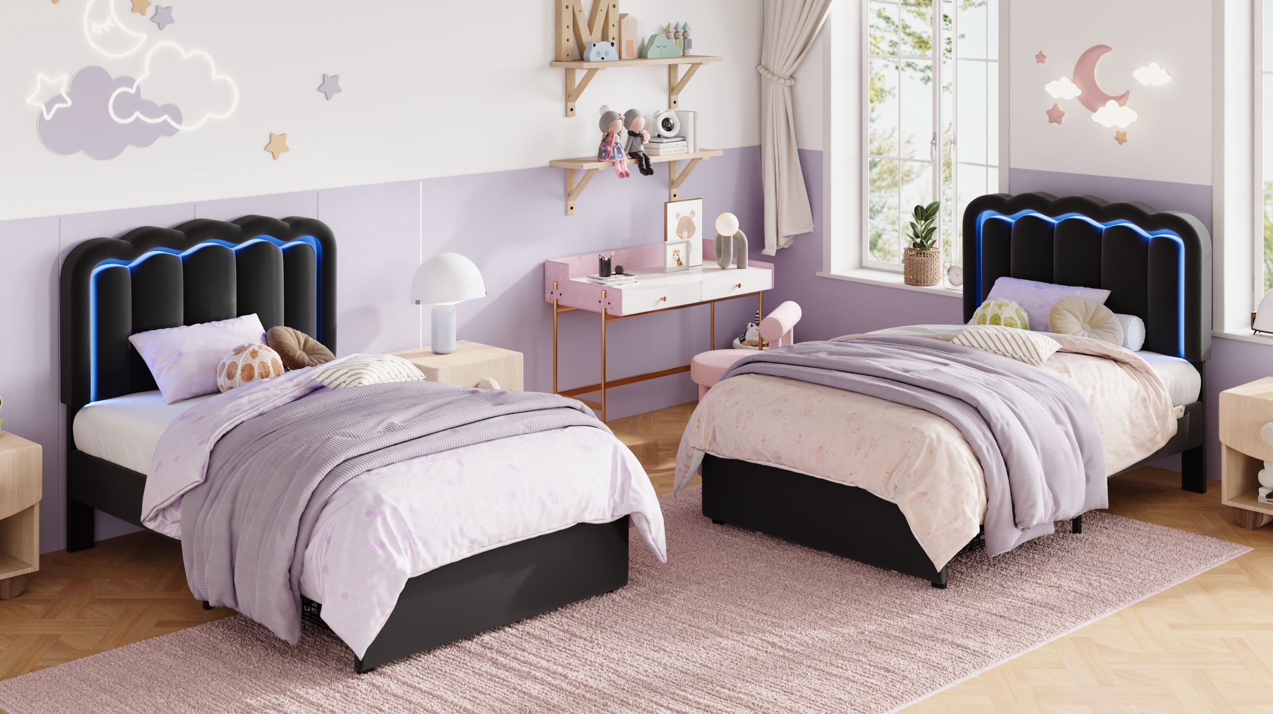Amolife Full Size LED Bed Frame with Drawer, Platform Bed with Velvet Upholstered Adjustable Wavy Headboard, Black