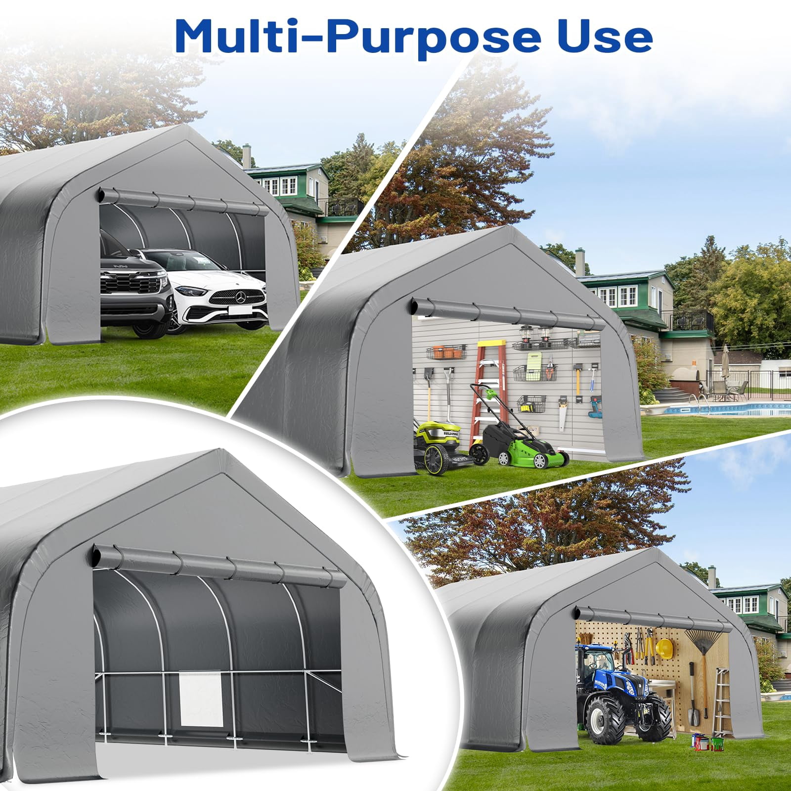 Richryce 20x20 ft Carport, Heavy Duty 2 Carports and Shelters with Sides andGalvanized Steel Frame , Fits 2 Cars, Boat, Farm Equipment, Silver Gray
