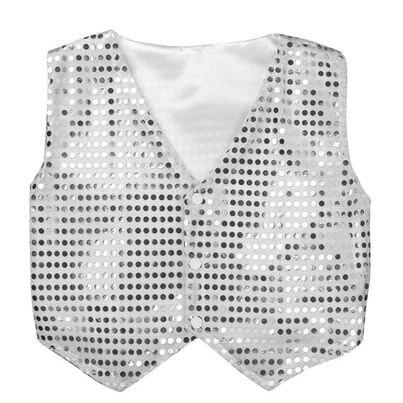 HULIJA Kids Boys Girls Sequins Jacket Vest Waistcoat Button Down Hip Hop Jazz Dance Choir Disco Costume Silver 120
