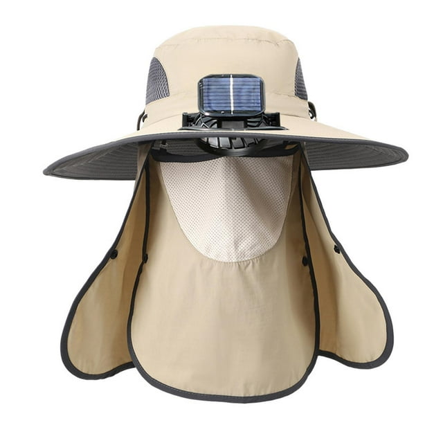 Sombrero de pescador con ventilador solar para exteriores, transpirable, de ala ancha, cómodo e impermeable. Caqui