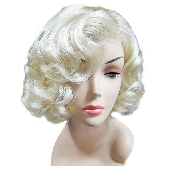 Peluca de cosplay rubia vintage, peluca sintética corta rubia platino para mujer, disfraz de Halloween y uso diario con gorro de peluca (rubia)