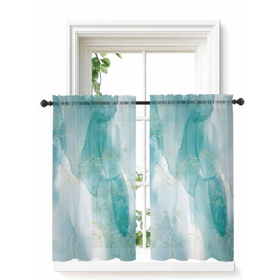 Marble Aqua,Tier Curtains 45 Inch Length,Sheer Curtains for Bedroom Living Room Window Gradient Gold Aesthetics Abstract Minimalist Art Kitchen Curtains Small Half Window Drapes 27.5"x45" 2 Panels