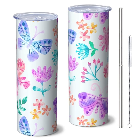 Butterfly 20 Oz Stainless Steel Skinny Tumbler – Vacuum Insulated Slim Travel Cup with Lid & Stainless Steel Straw, 360° Full Wrap Printed Tumbler for Home, Office & Outdoor Use, Spring
