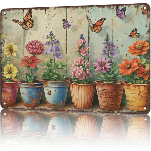 Vintage Metal Tin Sign Retro Garden Flowers and Butterfly Wall Art for Dorm Home Office Room Decor 8 x 12 Inch