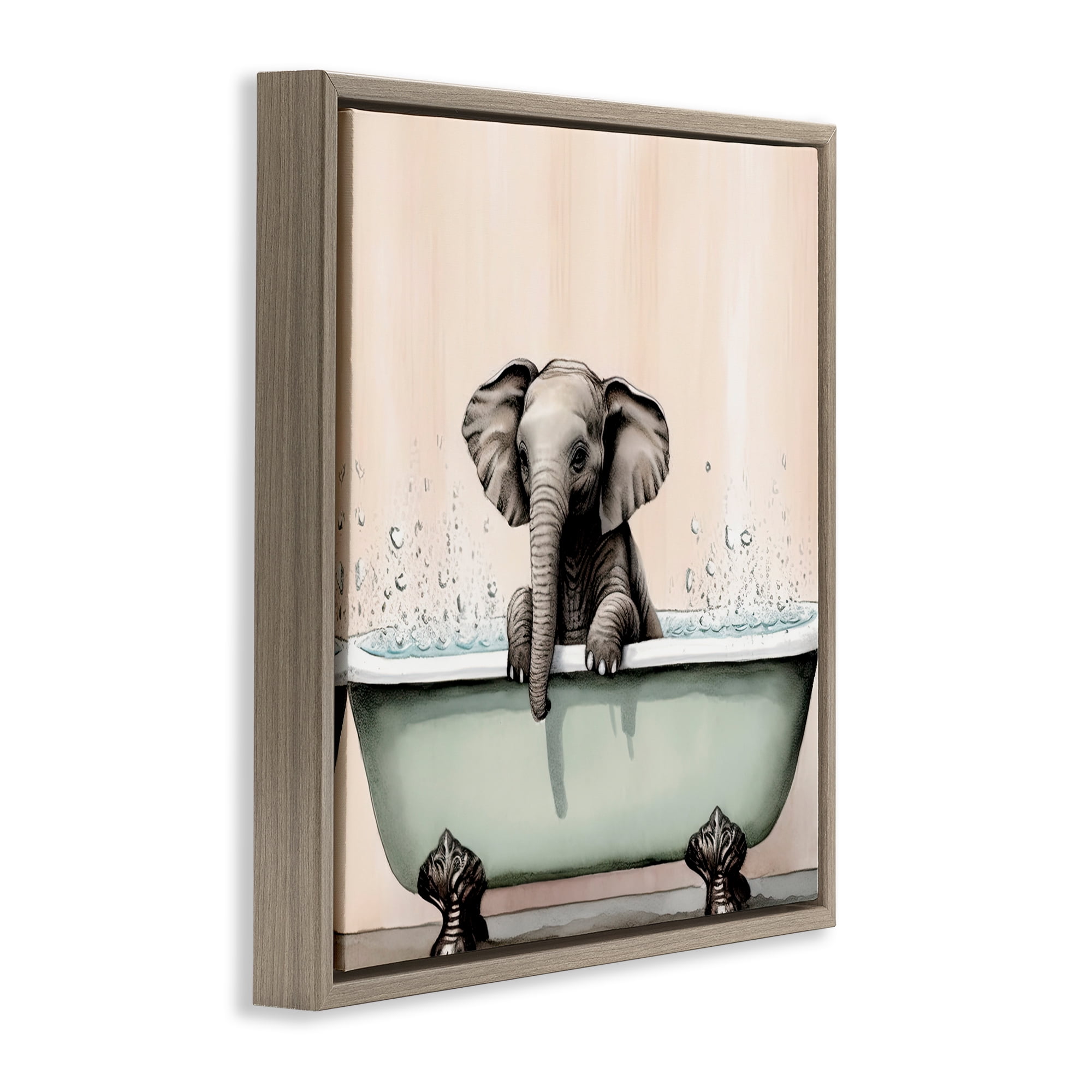 Baby Elephant Bathtime Brown Framed Floater Canvas Wall Art, design by Sasha