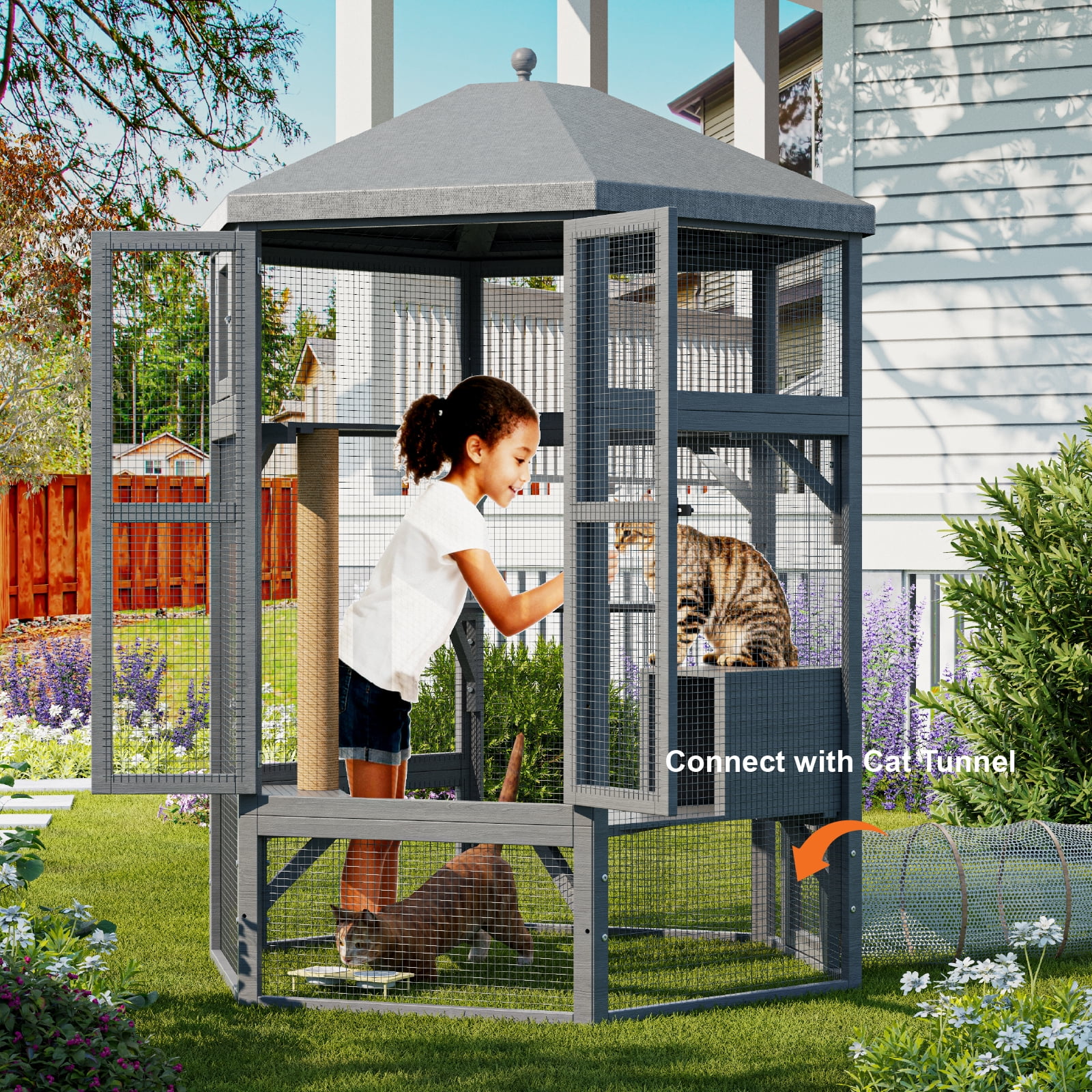 TIMHAKA 65" Catio Outdoor Cat Enclosure, Large Cat House w/ Waterproof Roof, Window Access, Multiple Platforms & Scratching Post for Multi-Cat Use, Gray