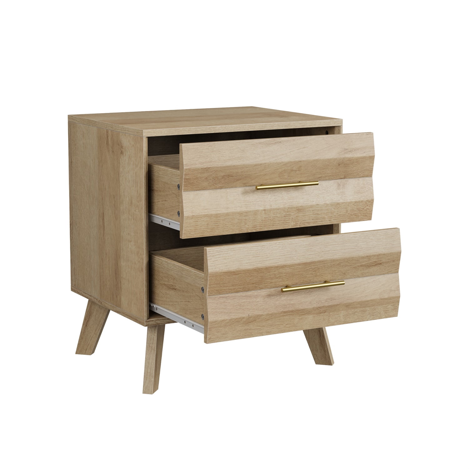 Hommoo Double Drawer Bedside Table, Modern Minimalist Nightstand with Metal Handles, Pine Wood Legs & Anti-Tip Safety Feature, Oak