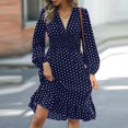 thumbnail image 2 of WTOBBY Women's Fashionable Waist Cinching Slimming Polka Dot Printed Long Sleeve Dress Figure-Flattering Dot Pattern Feminine Silhouette for Office Daily Dress with Western Flair,Dark Blue M, 2 of 5