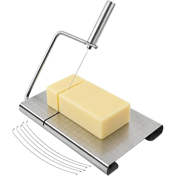 Stainless Steel Cheese Slicer, Multipurpose Cheese Cutter and Cutting Board with 5 Replacement Wires, Tightness Adjustable Cheese Slicer for Block Cheese, Butter (Silver)