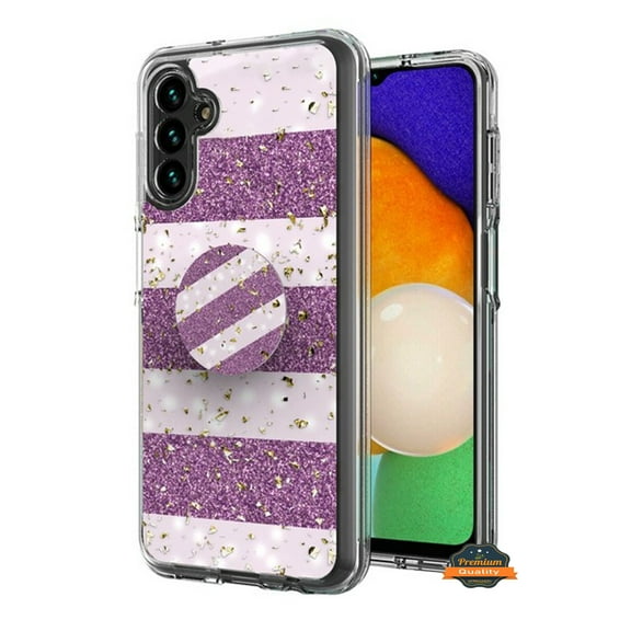 For Samsung Galaxy S24  /S24 Plus 5G Elegant Pattern Design Bling Glitter Hybrid with Ring Stand Pop Up Finger Holder Kickstand Phone Case Cover by Xpression - Purple White