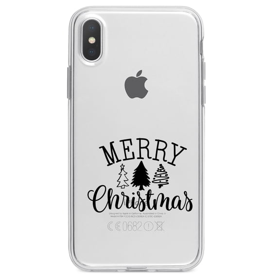 DistinctInk Clear Shockproof Hybrid Case for iPhone X / XS (5.8" Screen) - TPU Bumper Acrylic Back Tempered Glass Screen Protector - Merry Christmas Doodle Trees