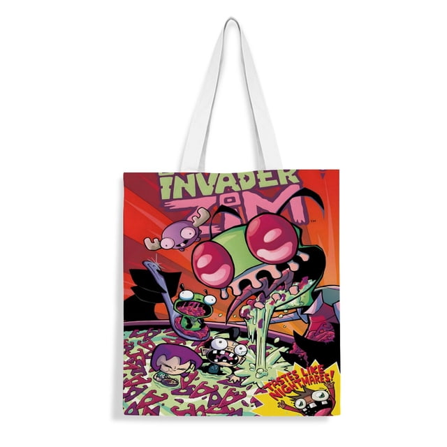 Invader Zim Bolso de tela con estampado de lienzo para mujer, bolsa de compras reutilizable y estética, con cremallera interior, regalo para mujer,40*45cm.