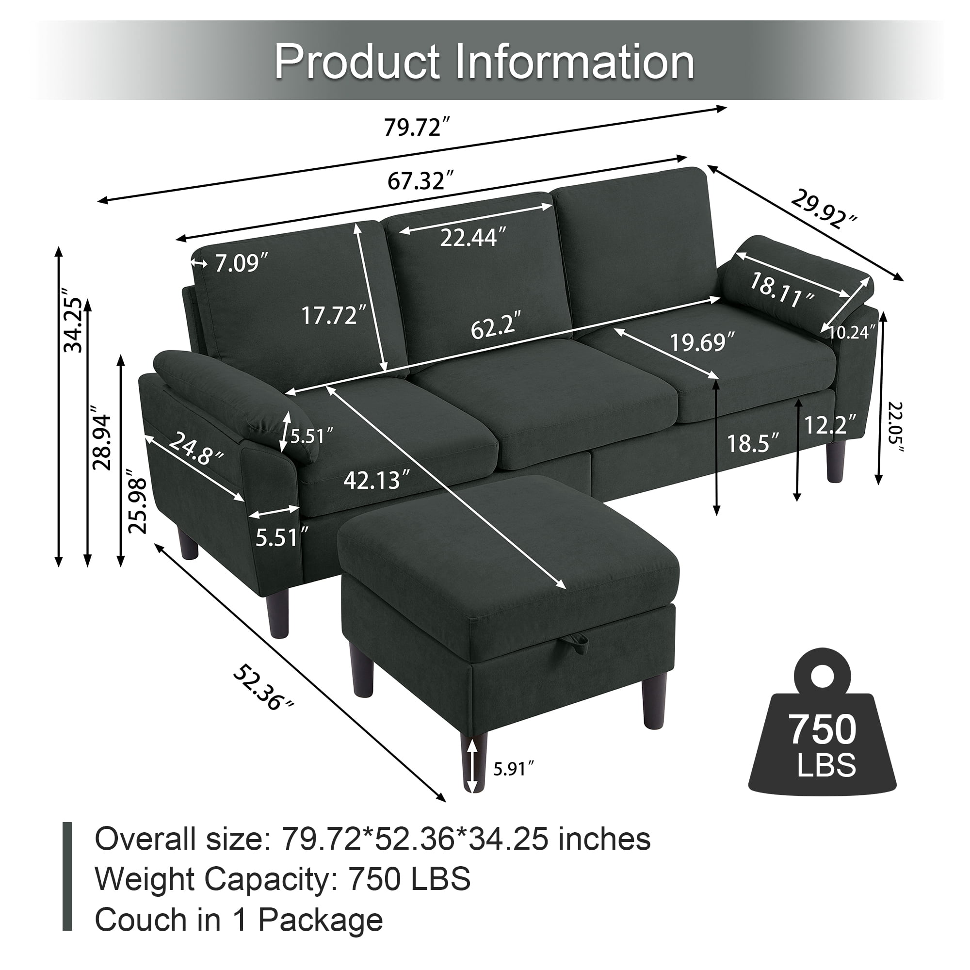Pingliang Home Sectional Sofa Couch with Storage Ottoman,Modern 3 Seat L Shaped Sofa Couch for Living Room Apartment Studio Office