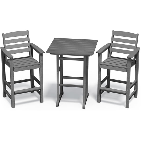 SERWALL Tall Adirondack Chairs and Table 3 Pieces Set, Adirondack Bar Height Chairs Set of 2 and Bar Table, Outdoor Barstools Set for Balcony, Poolside, Backyard, Grey
