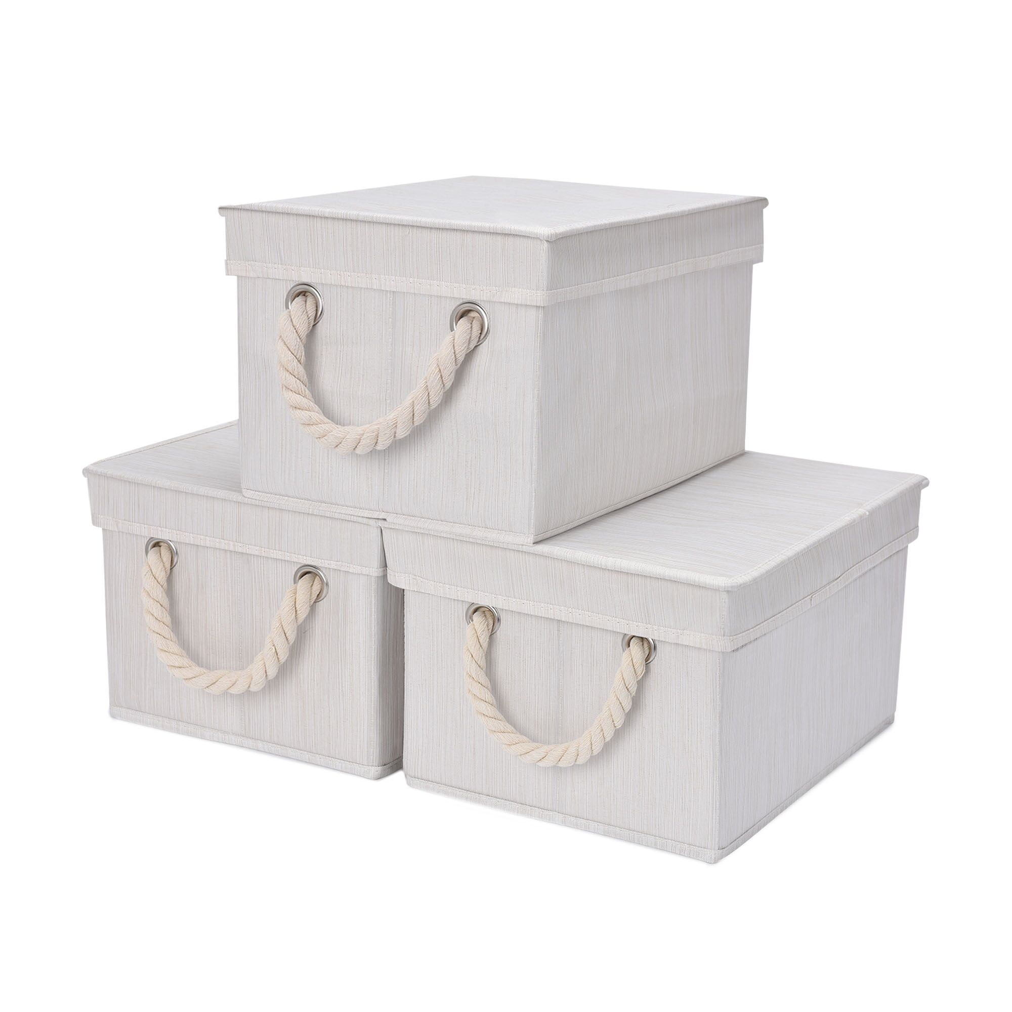 Foldable Fabric Storage Bin w/Cotton Rope Handles & Lid, Ivory (34L), 2