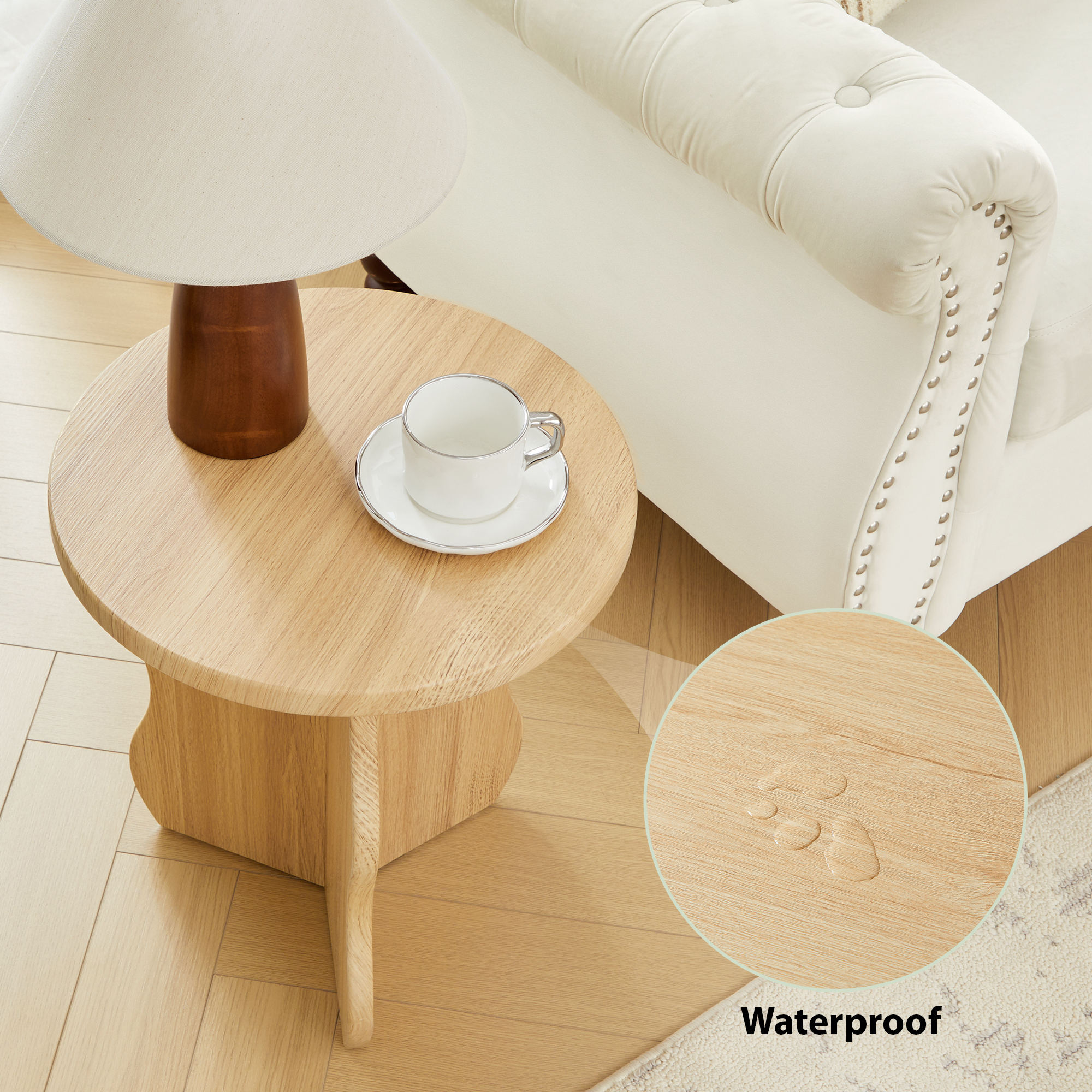 PHOYAL Round Small End Tables for Living Room Set of 2 with Wave Base, Side Table for Bedroom Small Space, Natural
